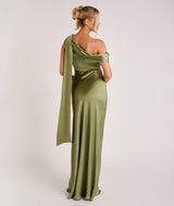 One Shoulder Drape Satin Bridesmaid Dress - Moss Green