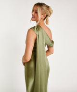 One Shoulder Drape Satin Bridesmaid Dress - Moss Green