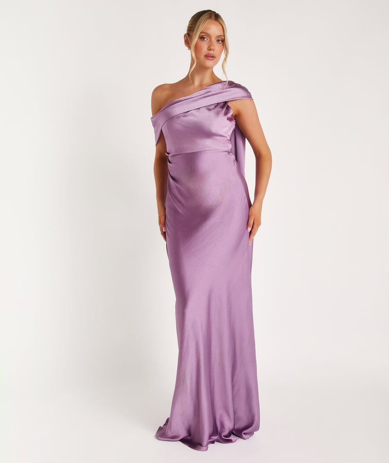 One Shoulder Drape Satin Bridesmaid Dress - Orchid Six Stories One Shoulder Drape Satin Bridesmaid Dress - Orchid Six Stories