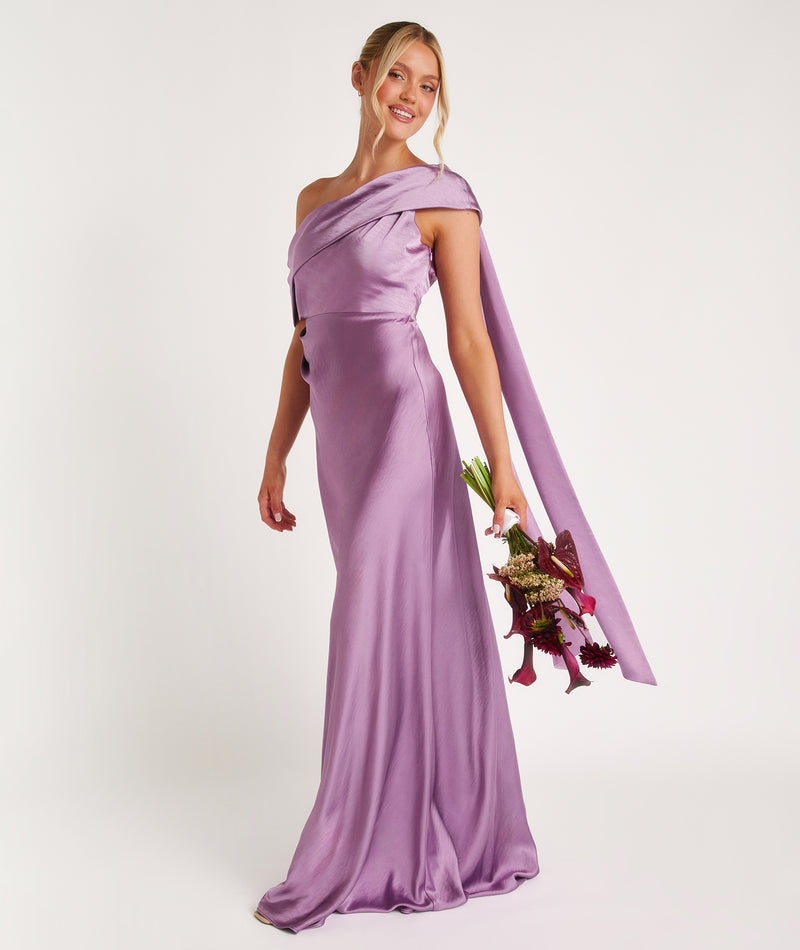 One Shoulder Drape Satin Bridesmaid Dress - Orchid Six Stories One Shoulder Drape Satin Bridesmaid Dress - Orchid Six Stories