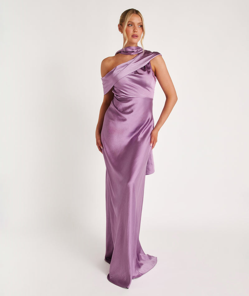 One Shoulder Drape Satin Bridesmaid Dress - Orchid Six Stories One Shoulder Drape Satin Bridesmaid Dress - Orchid Six Stories