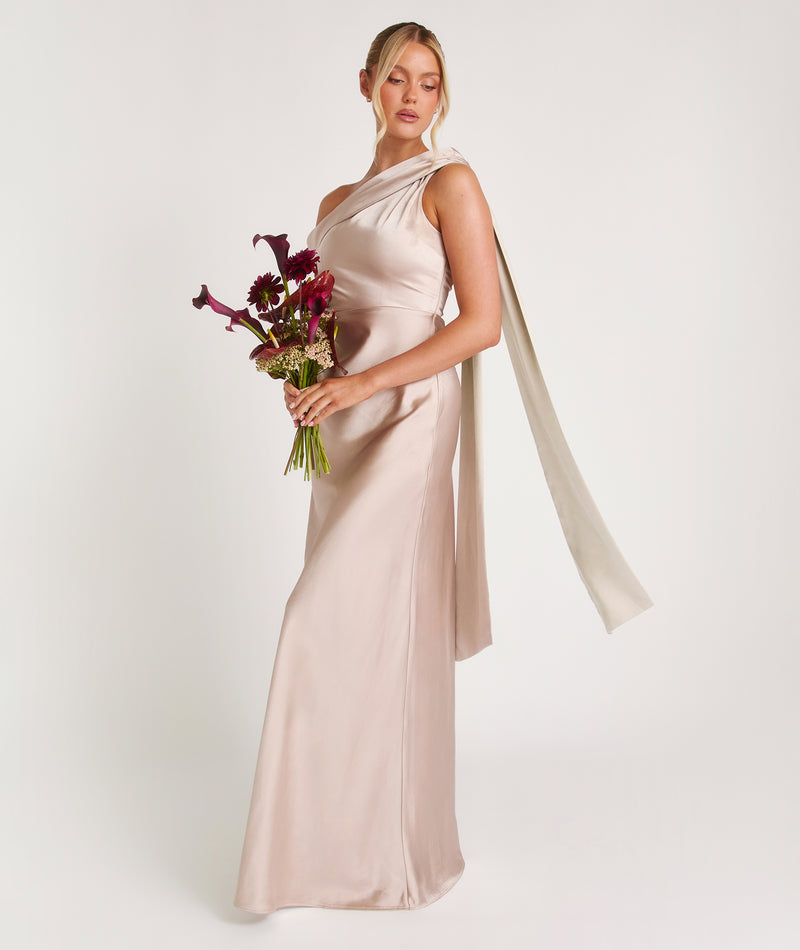 One Shoulder Drape Satin Bridesmaid Dress - Oyster- Size US 8 One Shoulder Drape Satin Bridesmaid Dress - Oyster- Size US 8