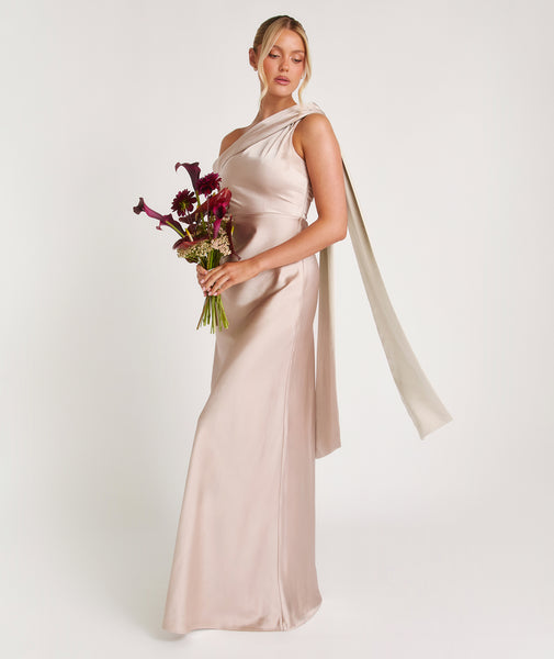 One Shoulder Drape Satin Bridesmaid Dress - Oyster