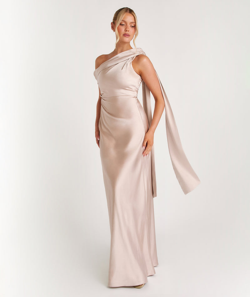 One Shoulder Drape Satin Bridesmaid Dress - Oyster- Size US 8 One Shoulder Drape Satin Bridesmaid Dress - Oyster- Size US 8
