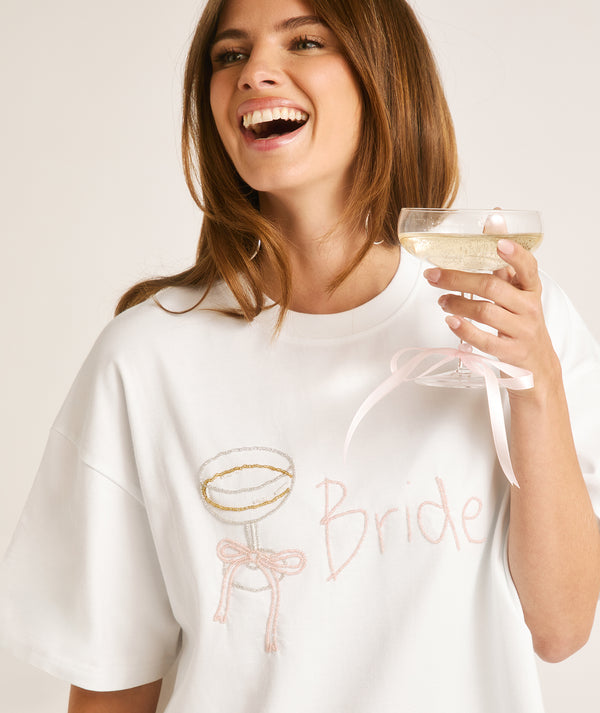 Bride Champagne Coupe Beaded Tee - White