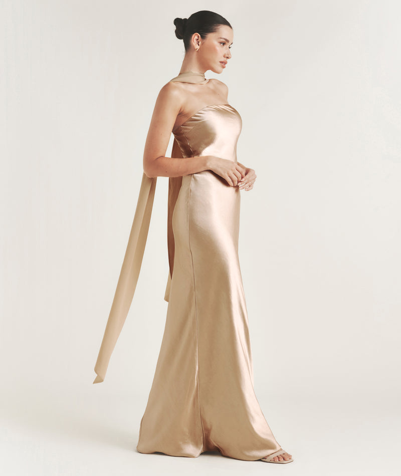 Bandeau Satin Bridesmaid Dress with Chiffon Neck Scarf - Champagne- Size US 4 Bandeau Satin Bridesmaid Dress with Chiffon Neck Scarf - Champagne- Size US 4