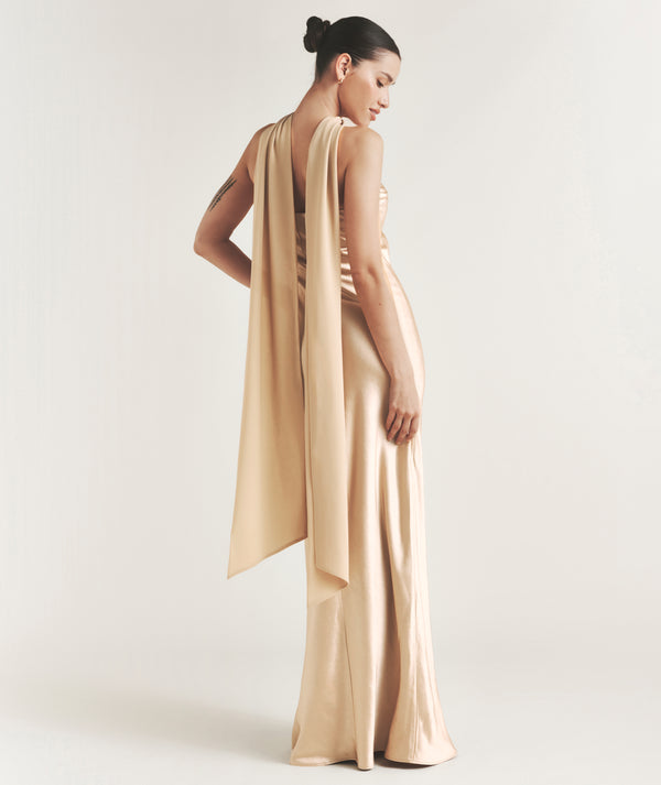 Bandeau Satin Bridesmaid Dress with Chiffon Neck Scarf - Champagne
