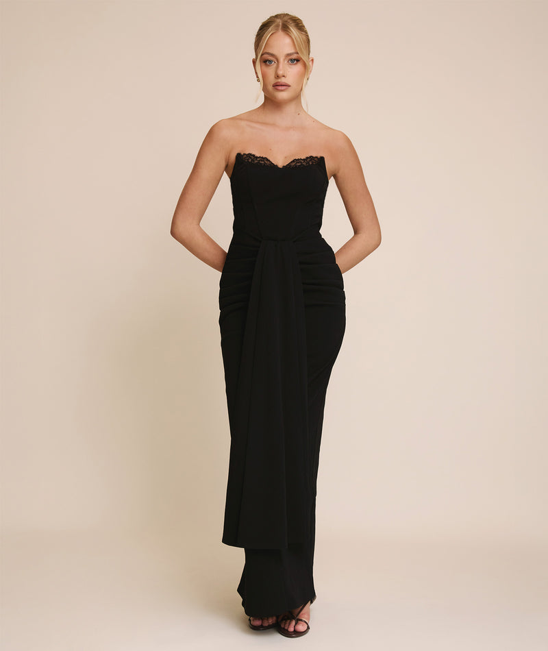 Lace Boned Bandeau Midi Dress - Black