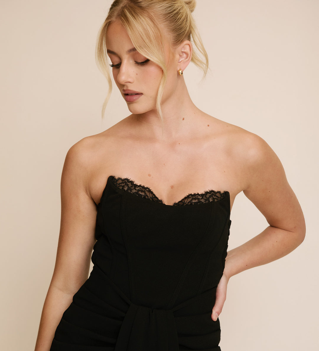 Lace Boned Bandeau Midi Dress - Black | Black Tie | Black Midi Dresses- Size US 8 Lace Boned Bandeau Midi Dress - Black | Black Tie | Black Midi Dresses- Size US 8