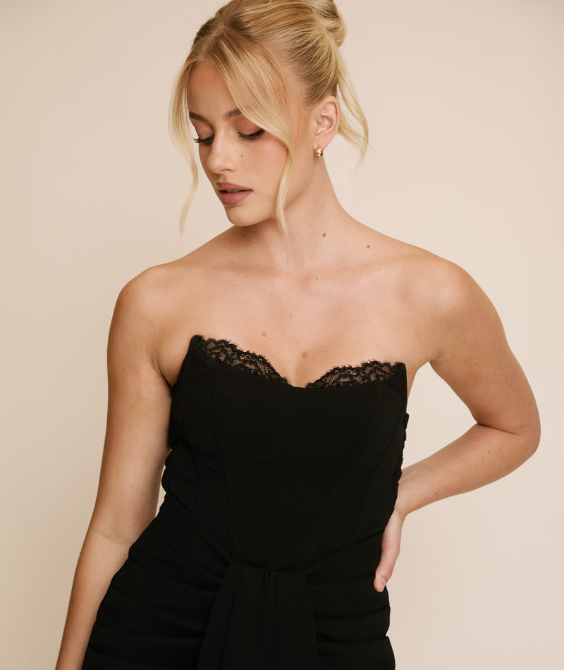 Lace Boned Bandeau Midi Dress - Black | Black Tie | Black Midi Dresses- Size US 8 Lace Boned Bandeau Midi Dress - Black | Black Tie | Black Midi Dresses- Size US 8