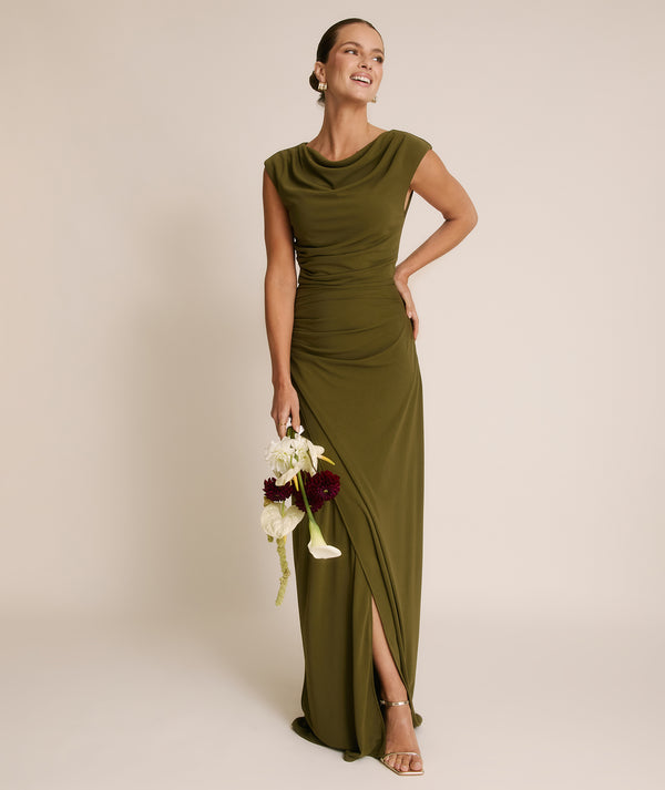 Cowl Wrap Neck Stretch Sculpt Bridesmaid Dress - Fern Green