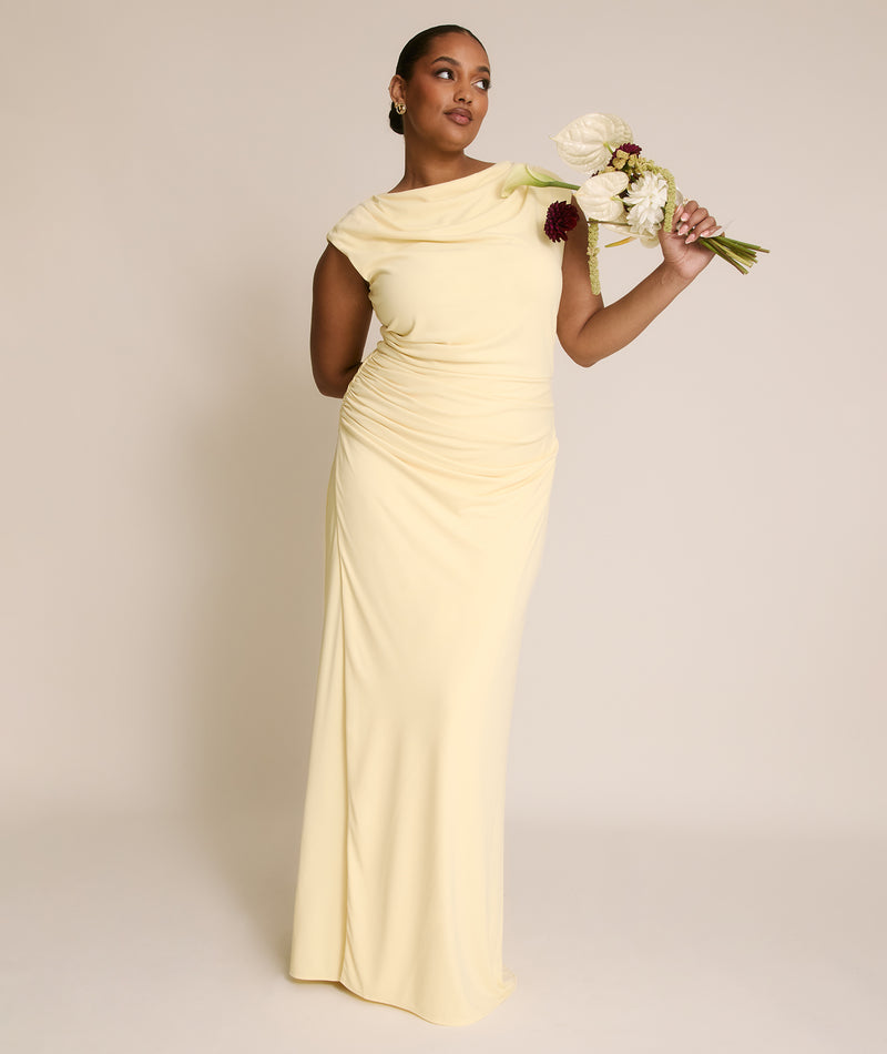 Cowl Wrap Neck Stretch Sculpt Bridesmaid Dress