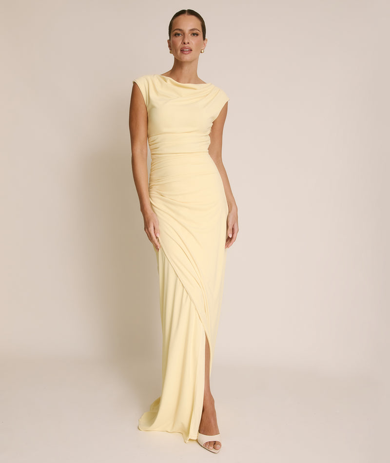Cowl Wrap Neck Stretch Sculpt Bridesmaid Dress - Lemon