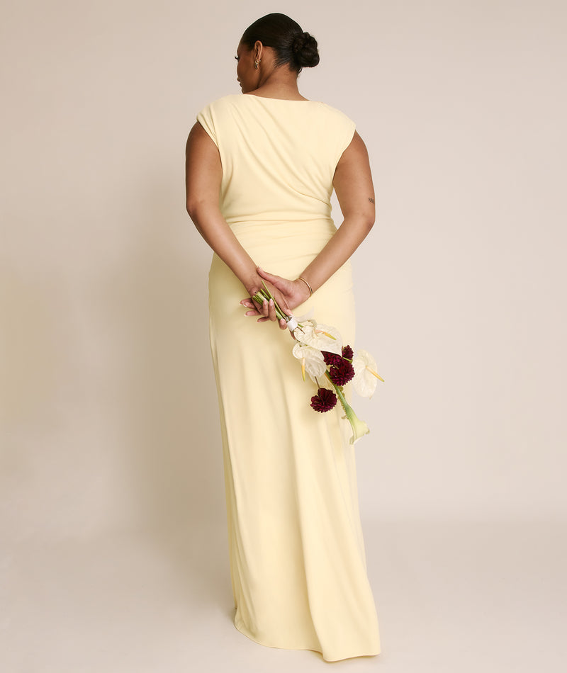 Cowl Wrap Neck Stretch Sculpt Bridesmaid Dress - Lemon