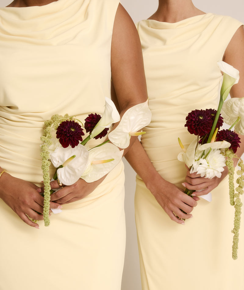 Cowl Wrap Neck Stretch Sculpt Bridesmaid Dress - Lemon