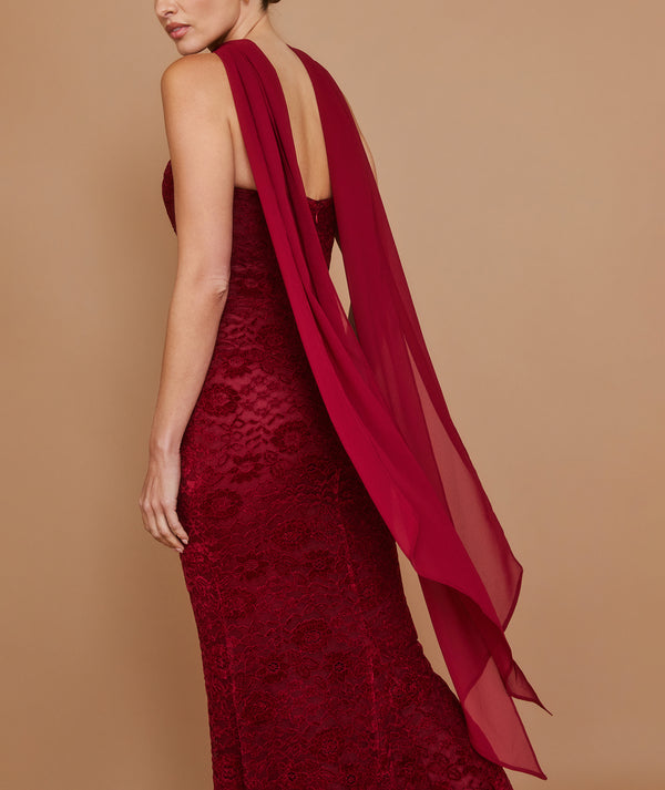 Velvet Lace Corset Maxi Dress with Neck Scarf - Wine