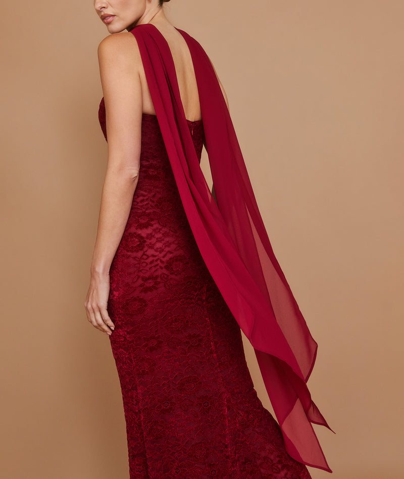 Velvet Lace Corset Maxi Dress with Neck Scarf - Wine