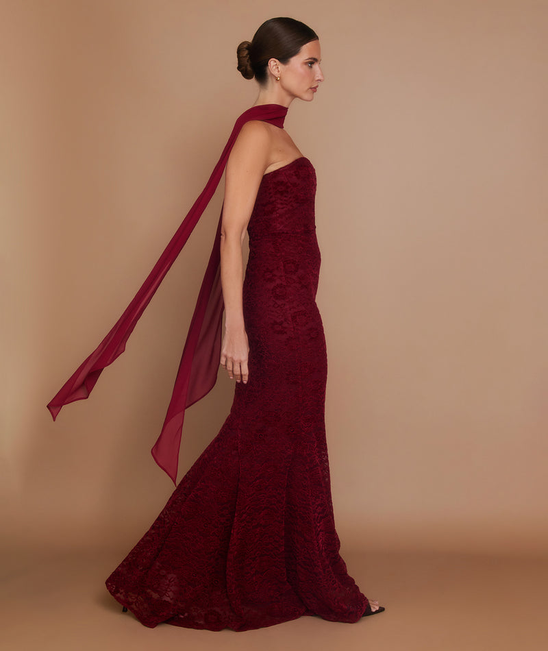 Velvet Lace Corset Maxi Dress with Neck Scarf - Wine