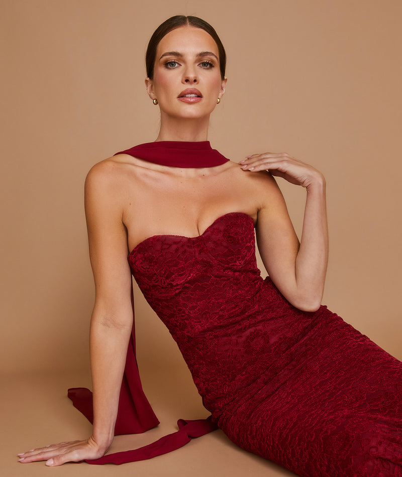 Velvet Lace Corset Maxi Dress with Neck Scarf - Wine