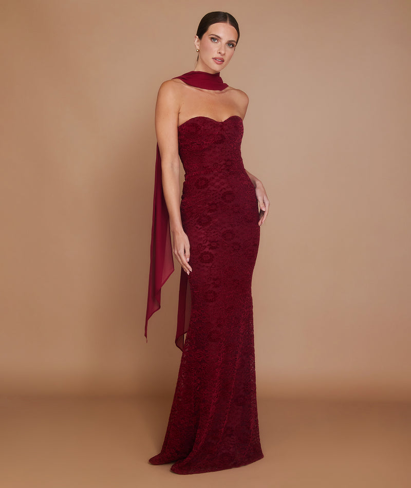 Velvet Lace Corset Maxi Dress with Neck Scarf - Wine