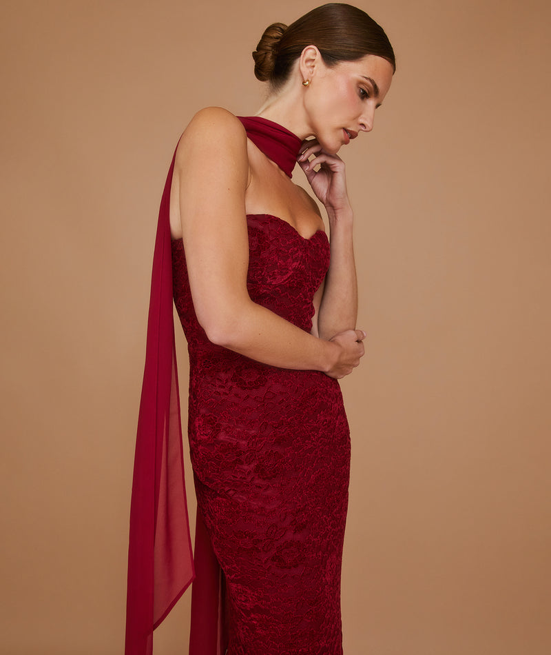 Velvet Lace Corset Maxi Dress with Neck Scarf - Wine