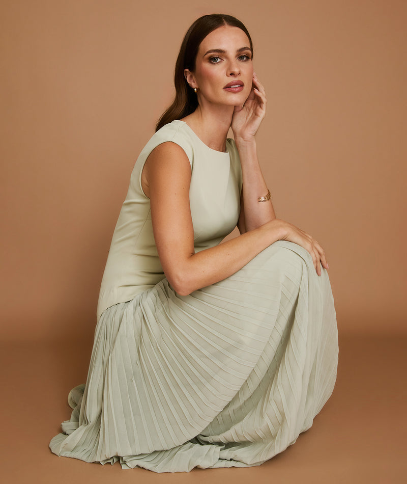 Cap Sleeve Pleated Maxi Dress - Pistachio