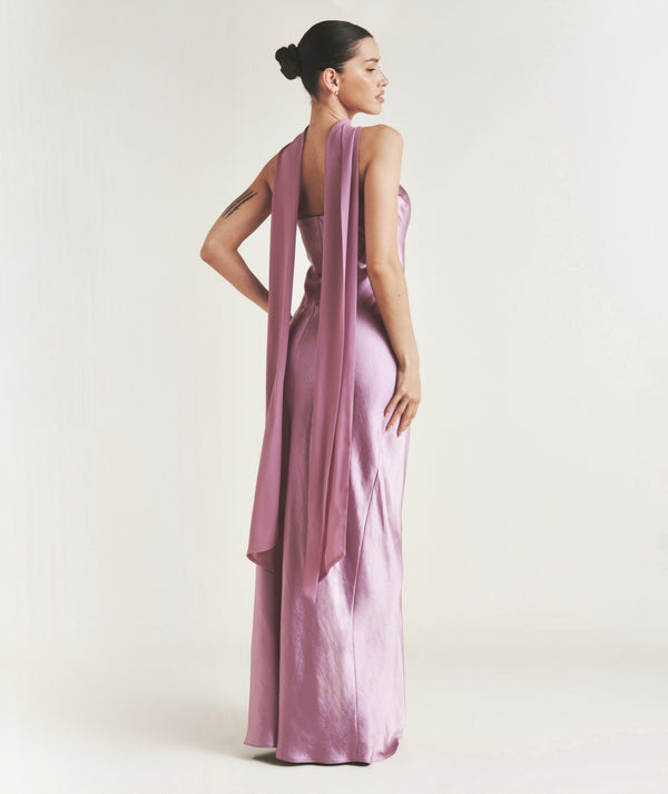 Bandeau Satin Bridesmaid Dress with Chiffon Neck Scarf - Orchid