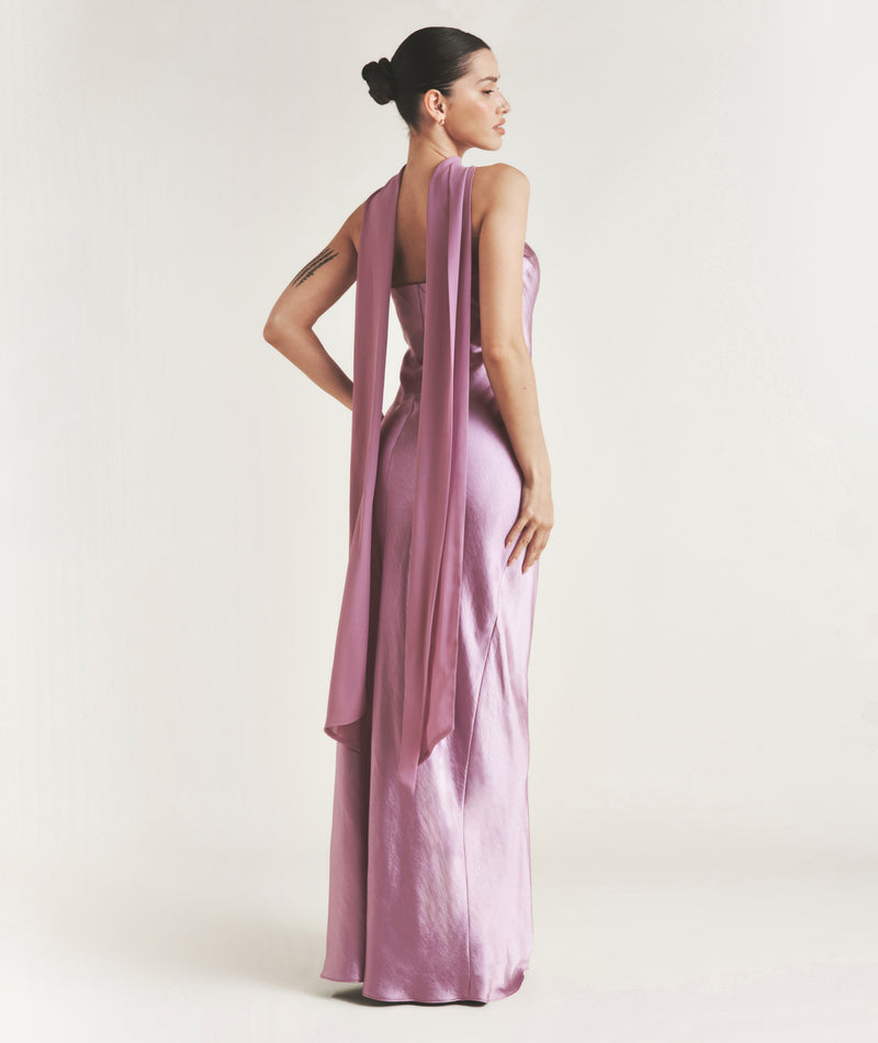 Bandeau Satin Bridesmaid Dress with Chiffon Neck Scarf - Orchid