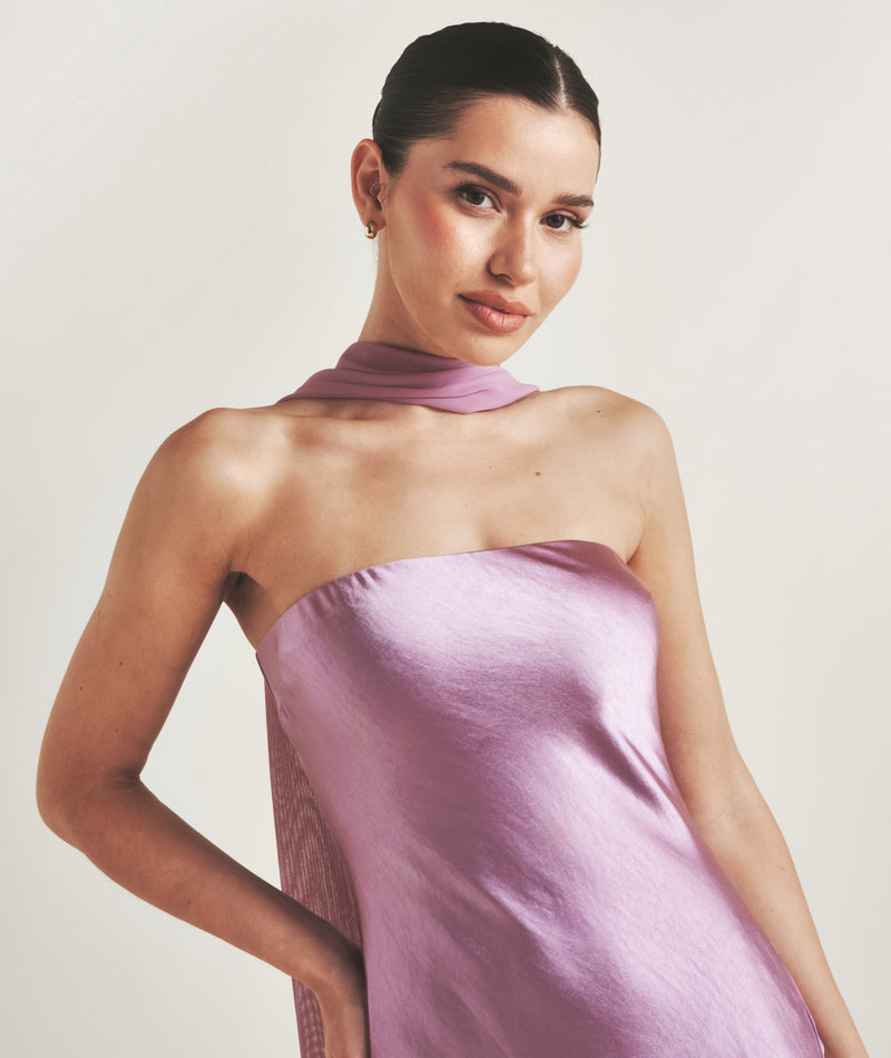 Bandeau Satin Bridesmaid Dress with Chiffon Neck Scarf - Orchid