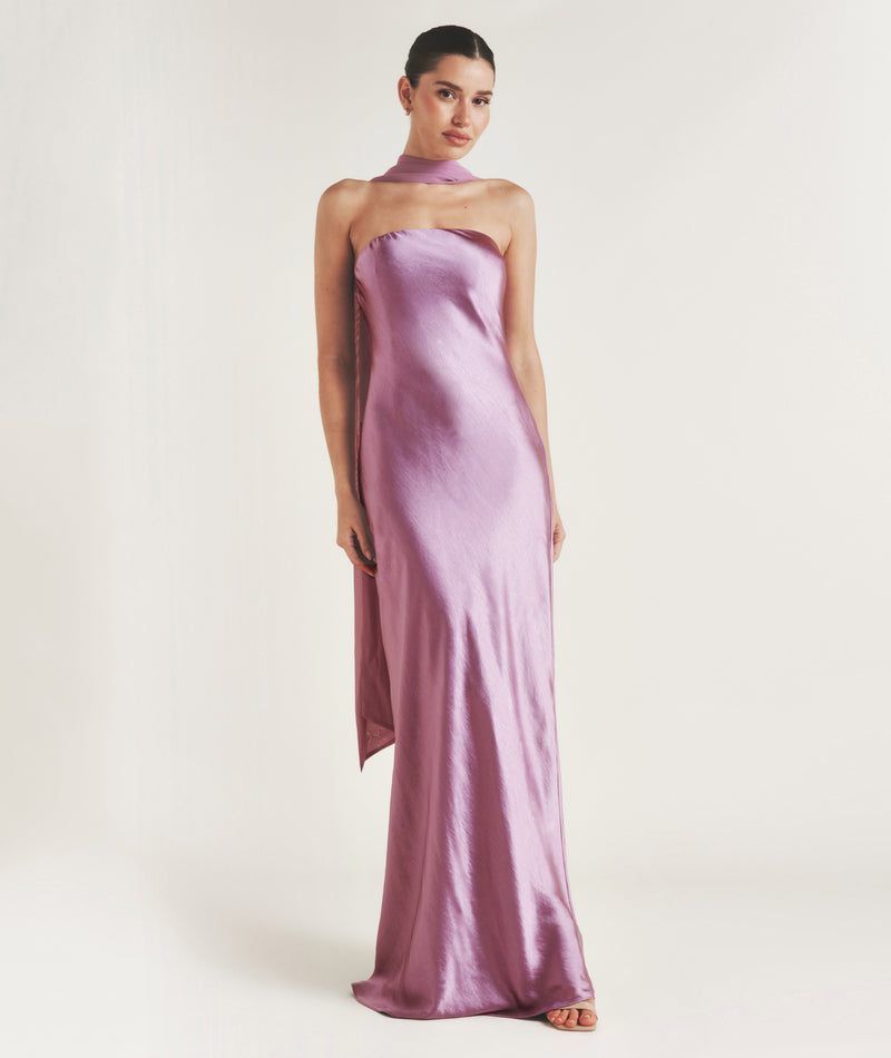 Bandeau Satin Bridesmaid Dress with Chiffon Neck Scarf - Orchid