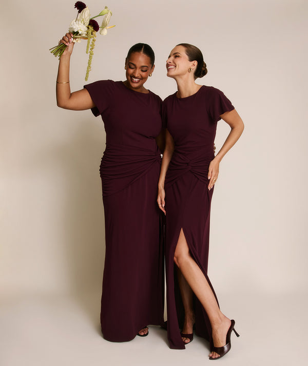Flutter Sleeve Stretch Sculpt Bridesmaid Dress - Merlot