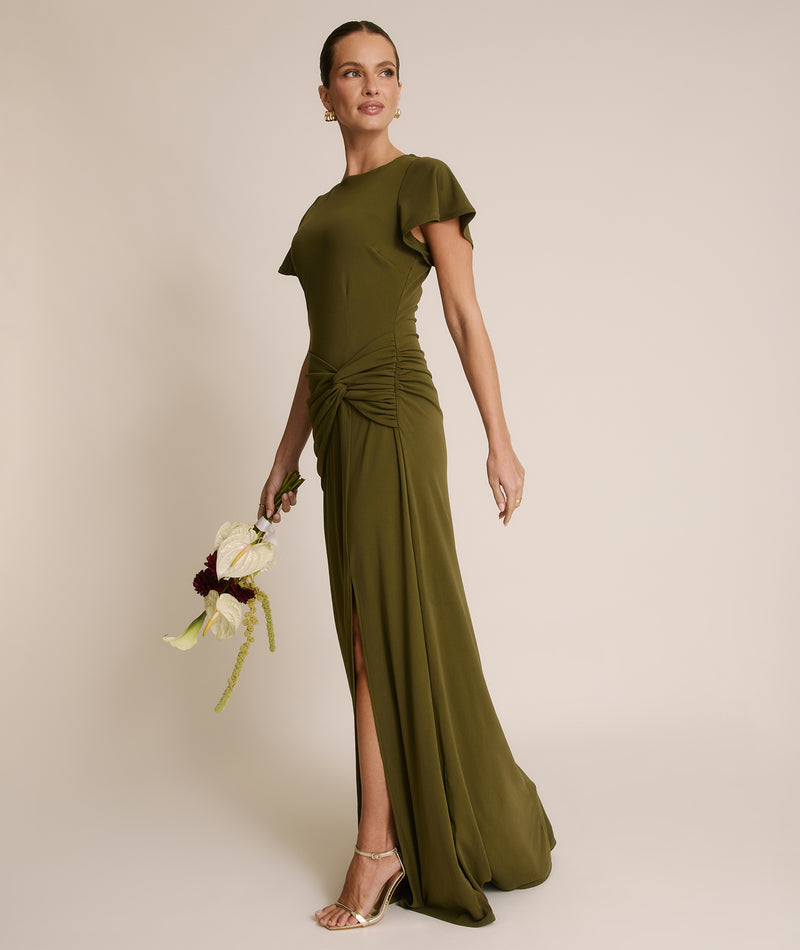 Flutter Sleeve Stretch Sculpt Bridesmaid Dress - Fern Green
