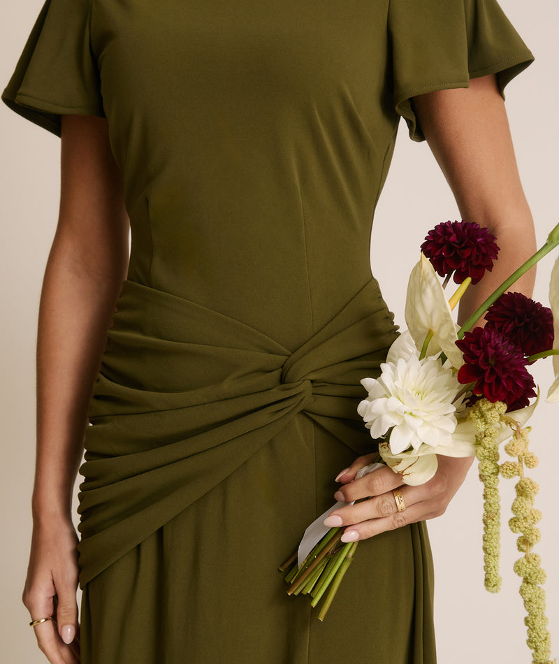 Flutter Sleeve Stretch Sculpt Bridesmaid Dress - Fern Green