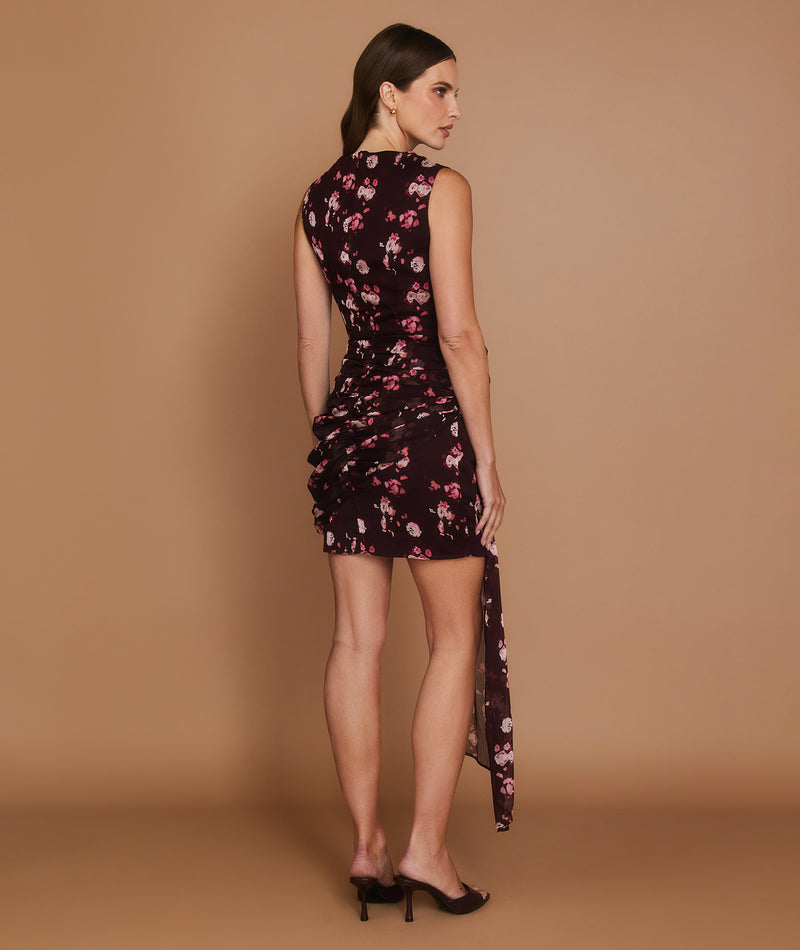 Floral Corsage Drape Mini Dress - Wine