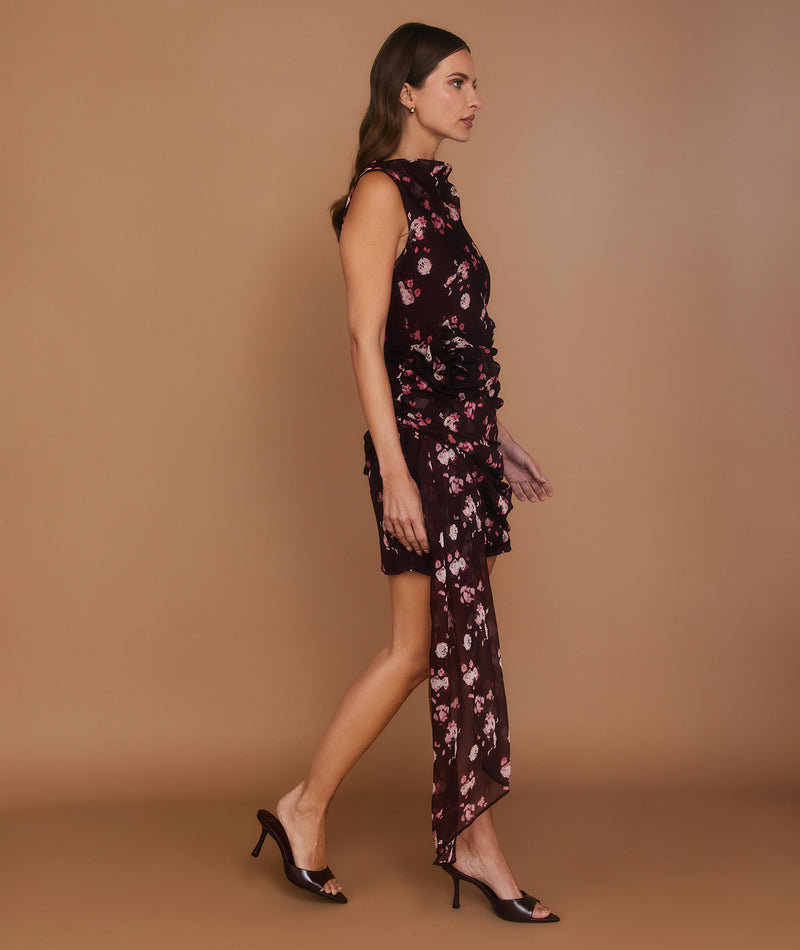 Floral Corsage Drape Mini Dress - Wine