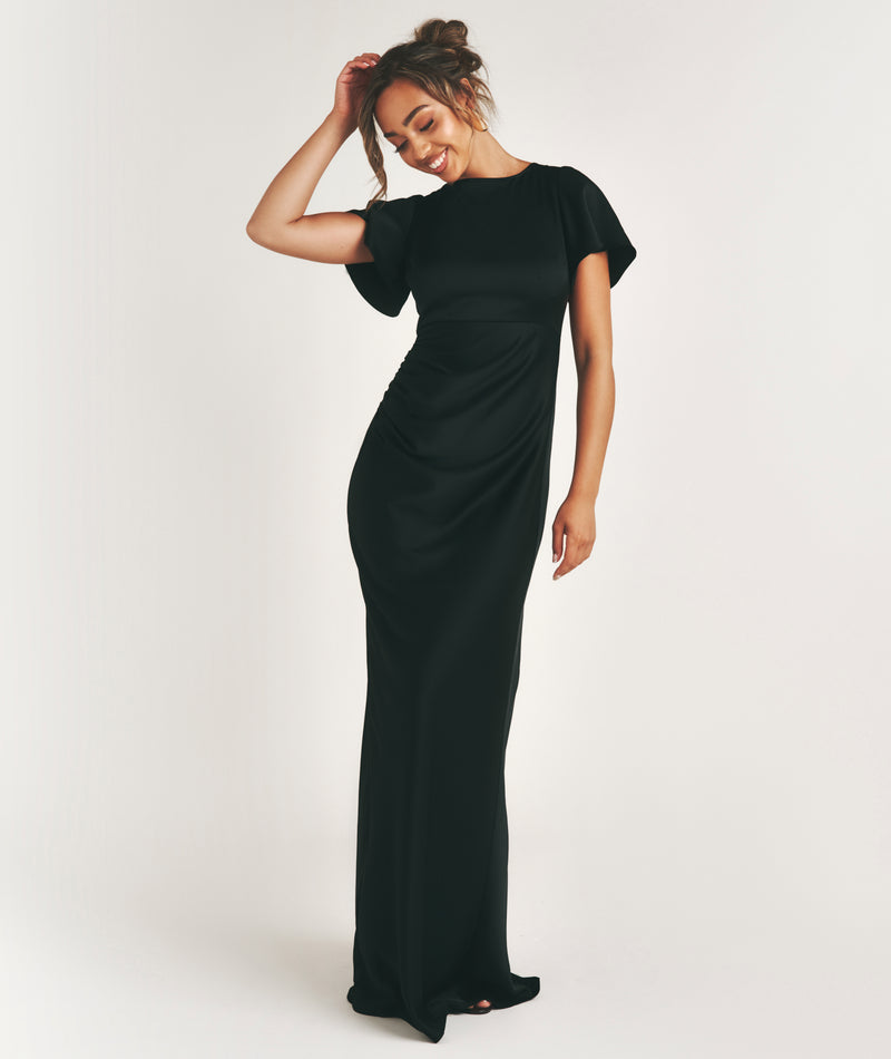 Flutter Sleeve Tie Back Satin Bridesmaid Dress - Black