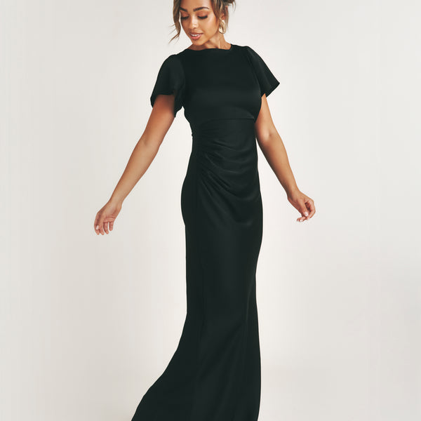 Flutter Sleeve Tie Back Satin Bridesmaid Dress