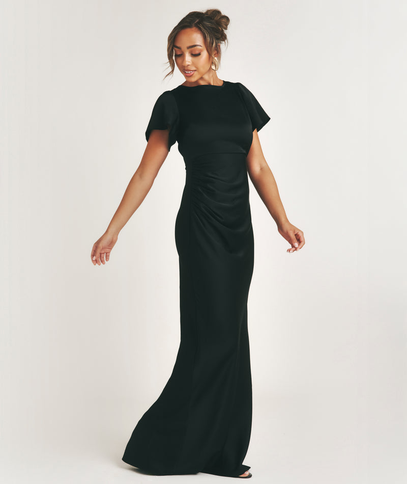 Flutter Sleeve Tie Back Satin Bridesmaid Dress - Black- Size US 2 Flutter Sleeve Tie Back Satin Bridesmaid Dress - Black- Size US 2