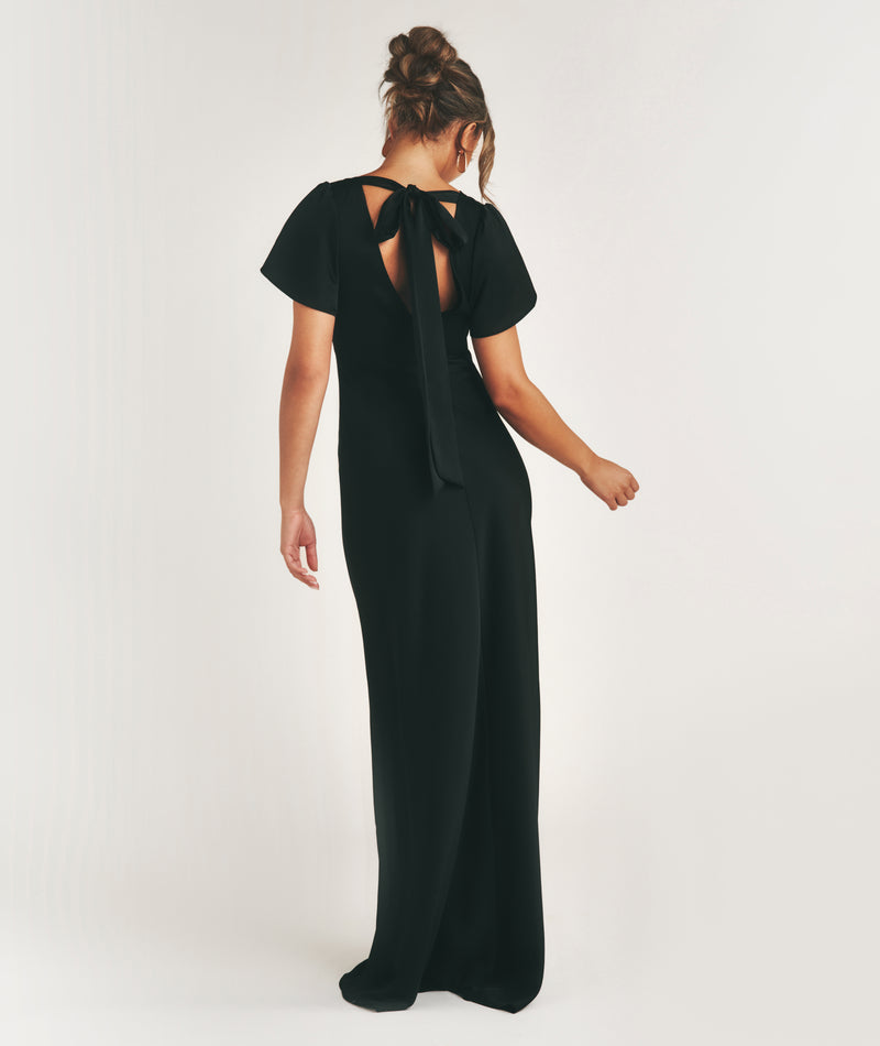 Flutter Sleeve Tie Back Satin Bridesmaid Dress - Black- Size US 2 Flutter Sleeve Tie Back Satin Bridesmaid Dress - Black- Size US 2