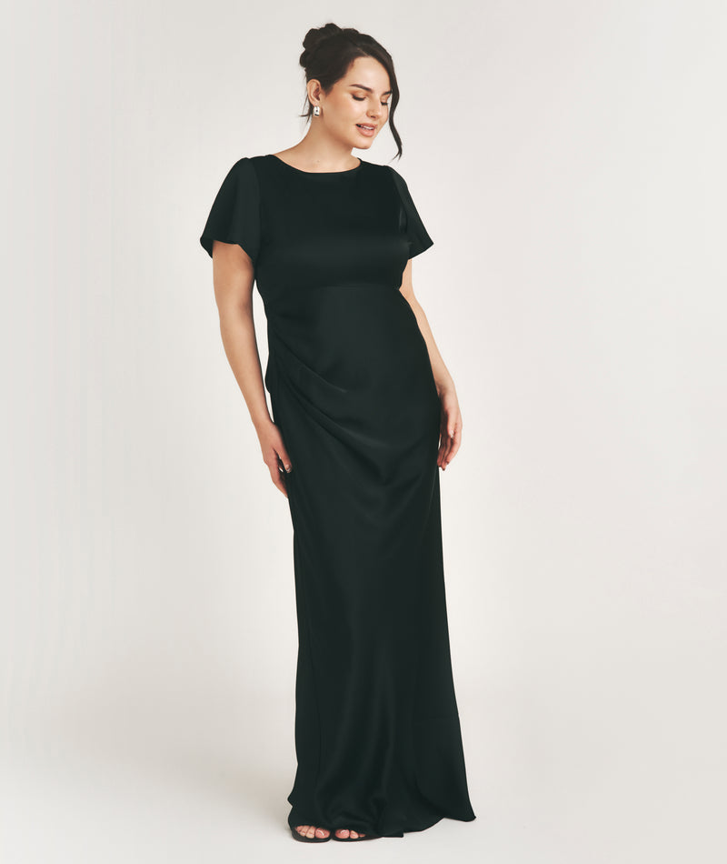 Flutter Sleeve Tie Back Satin Bridesmaid Dress - Black- Size US 2 Flutter Sleeve Tie Back Satin Bridesmaid Dress - Black- Size US 2