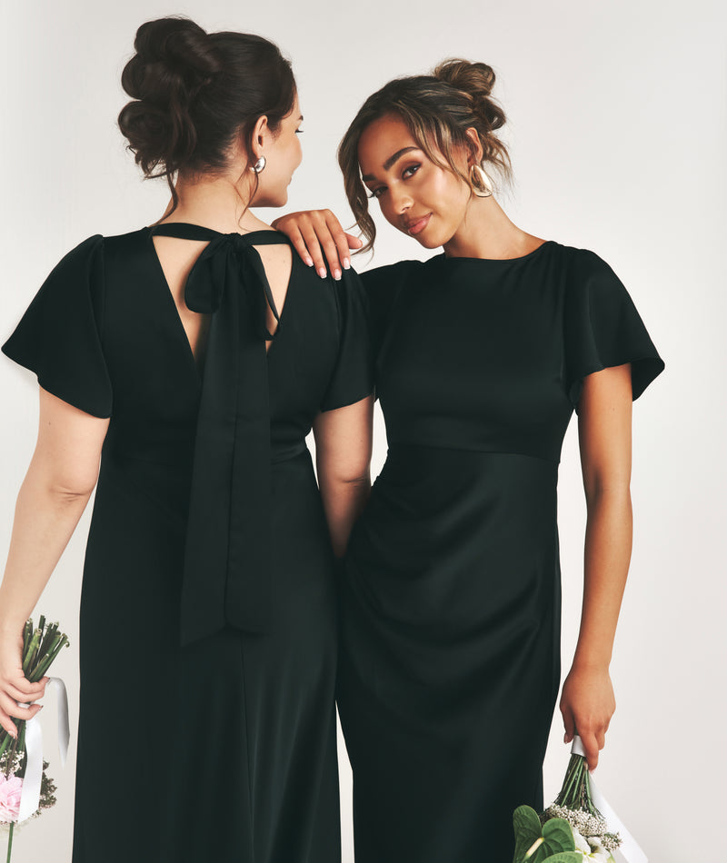 Flutter Sleeve Tie Back Satin Bridesmaid Dress - Black