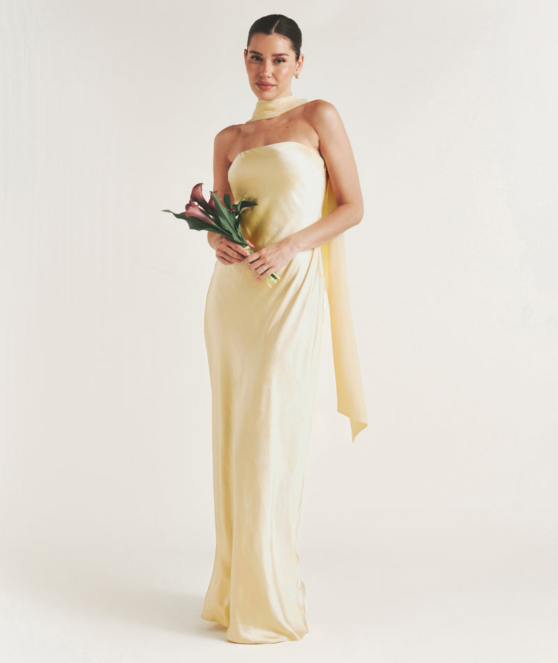 Juul Price In 7 Eleven Scarf-Detail Strapless Gown in Ivory Monaco White silk satin scarf - Serenity Juul Price In 7 Eleven Scarf-Detail Strapless Gown in Ivory Monaco White silk satin scarf - Serenity