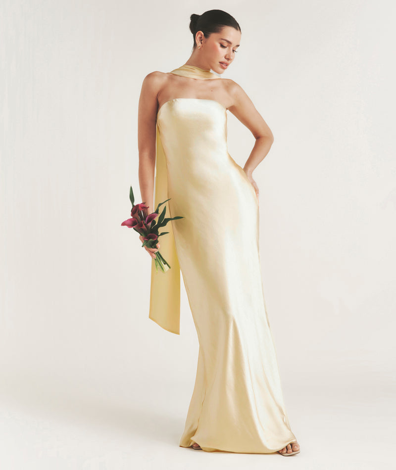 Bandeau Satin Bridesmaid Dress with Chiffon Neck Scarf - Butter Lemon