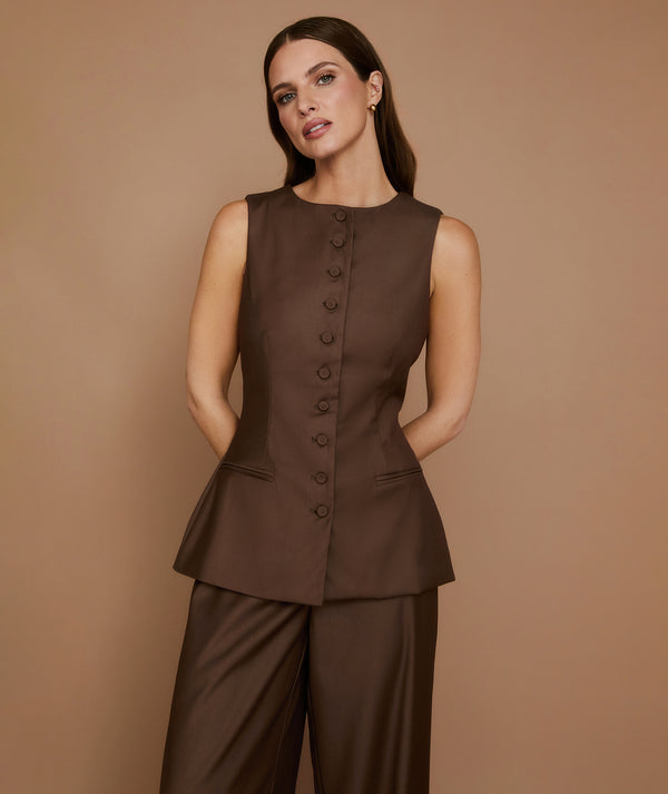 Button Through Tailored Waistcoat - Chocolate