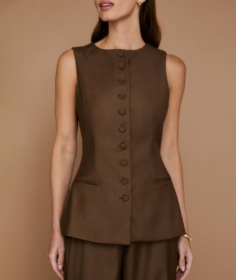 Button Through Tailored Waistcoat - Chocolate