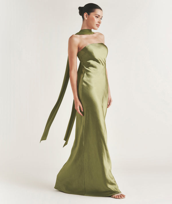Bandeau Satin Bridesmaid Dress with Chiffon Neck Scarf - Moss Green