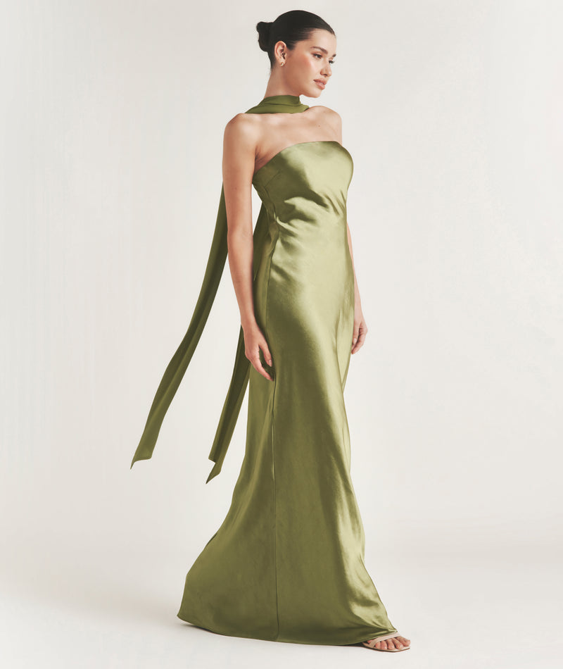 Bandeau Satin Bridesmaid Dress with Chiffon Neck Scarf - Moss Green
