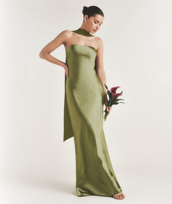 Bandeau Satin Bridesmaid Dress with Chiffon Neck Scarf - Moss Green