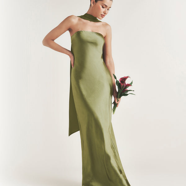 Bandeau Satin Bridesmaid Dress with Chiffon Neck Scarf - Moss Green- Size US 10 Bandeau Satin Bridesmaid Dress with Chiffon Neck Scarf - Moss Green- Size US 10