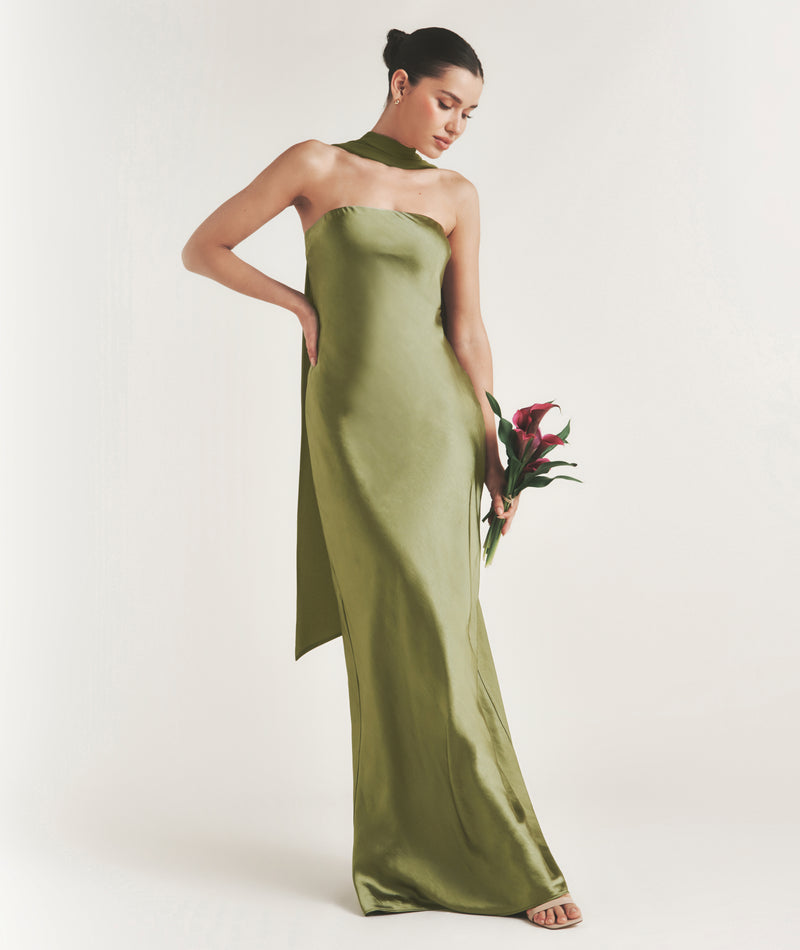 Bandeau Satin Bridesmaid Dress with Chiffon Neck Scarf - Moss Green- Size US 12 Bandeau Satin Bridesmaid Dress with Chiffon Neck Scarf - Moss Green- Size US 12